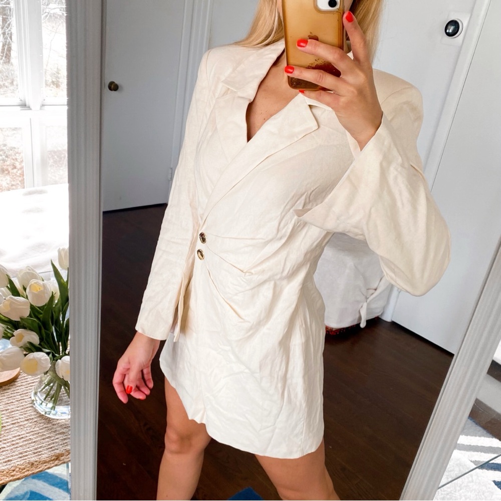 🐚 ZARA CREAM LINEN BLEND BLAZER DRESS! - Picture 2 of 16